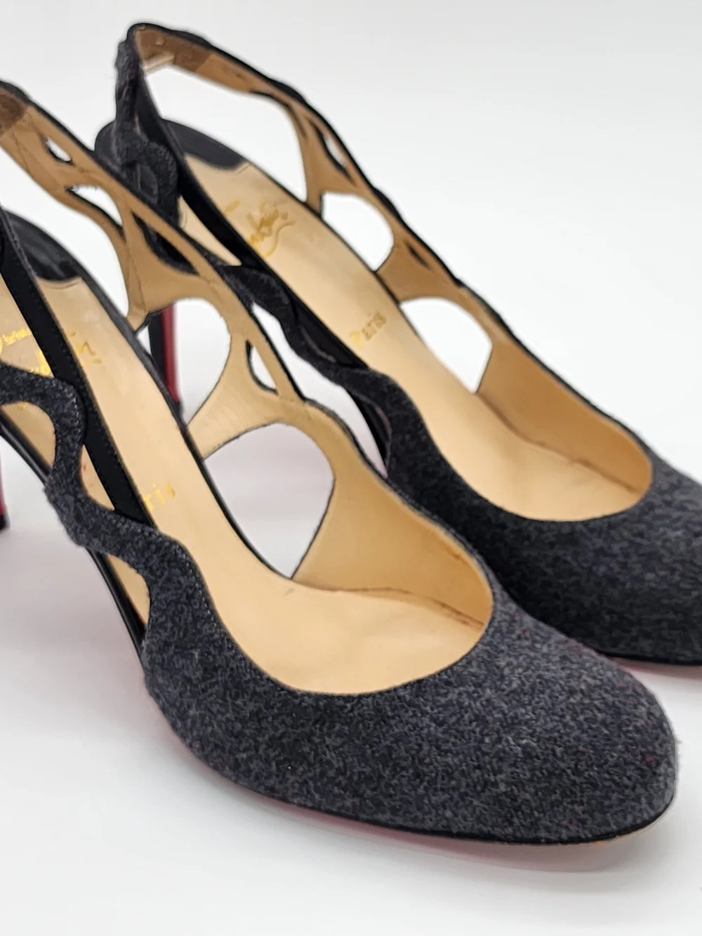 Vintage Christian Louboutin Dark Grey Flannel Cutout Slingback Heels Size EU 40